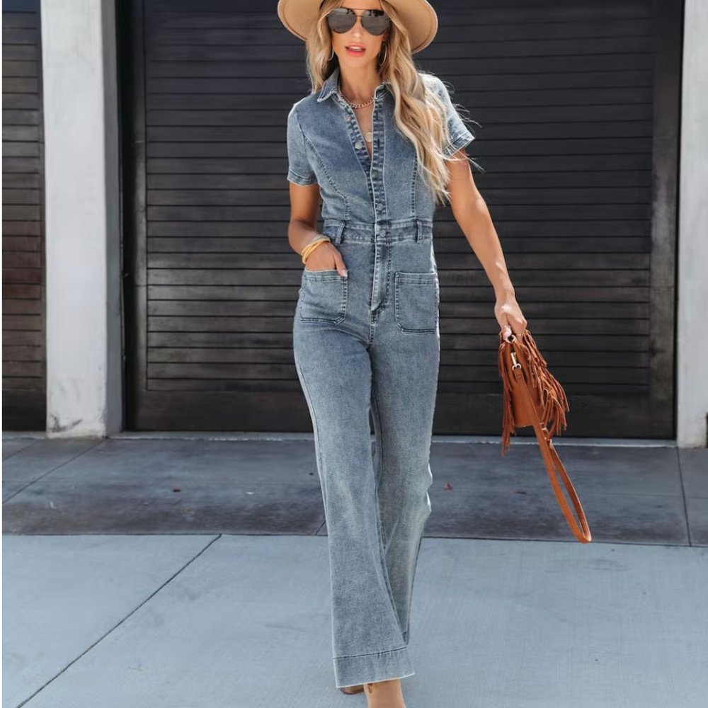 Vici Longmont Pocketed Flared Denim Jumpsuit